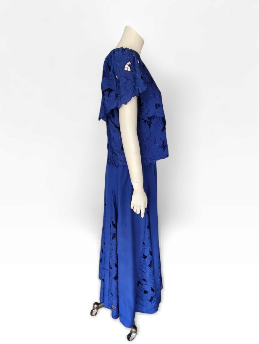 CHICO'S` 2 Pc Blue Lace Flutter Sleeve Top & Godet Maxi Eyelet Skirt S/M - Picture 7 of 12